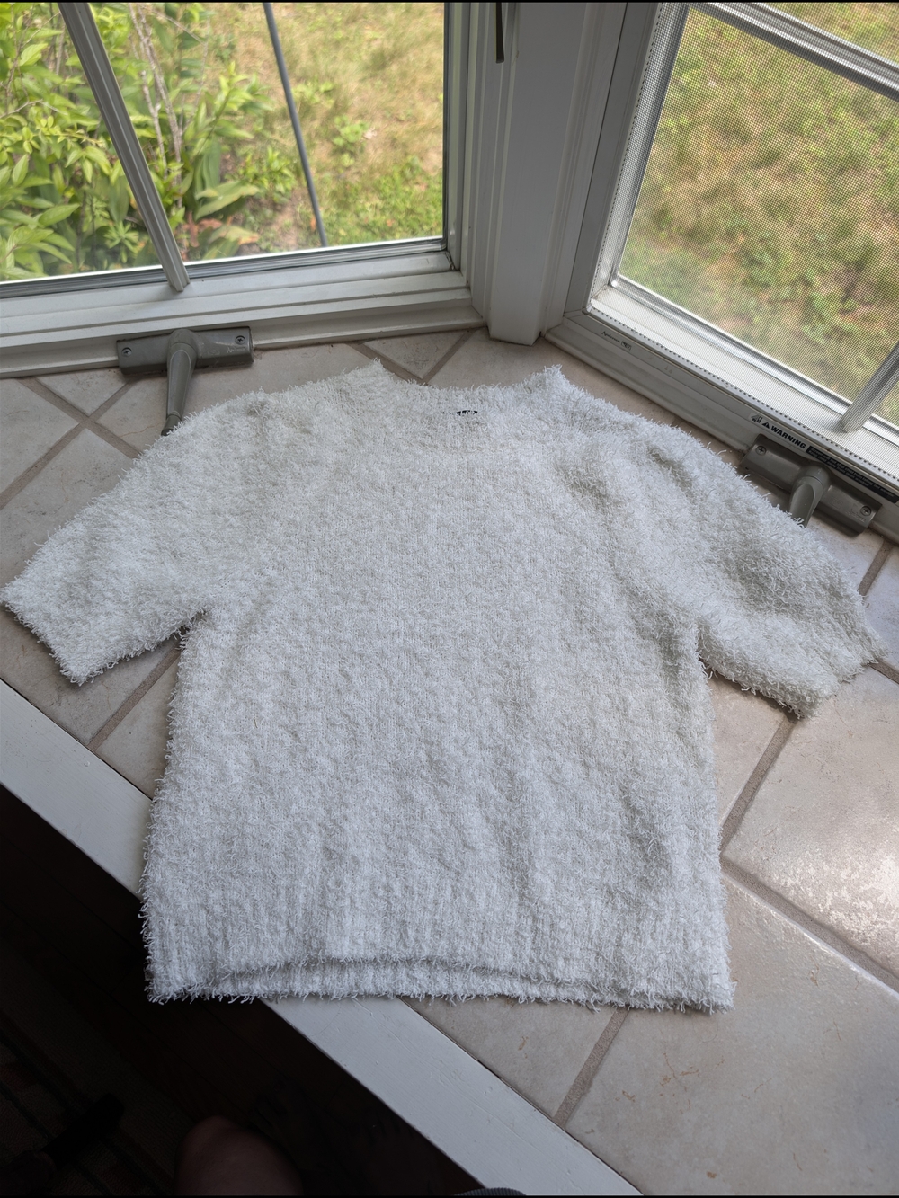 INC International Concepts White Fuzzy Short-Sleeve Crewneck Sweater